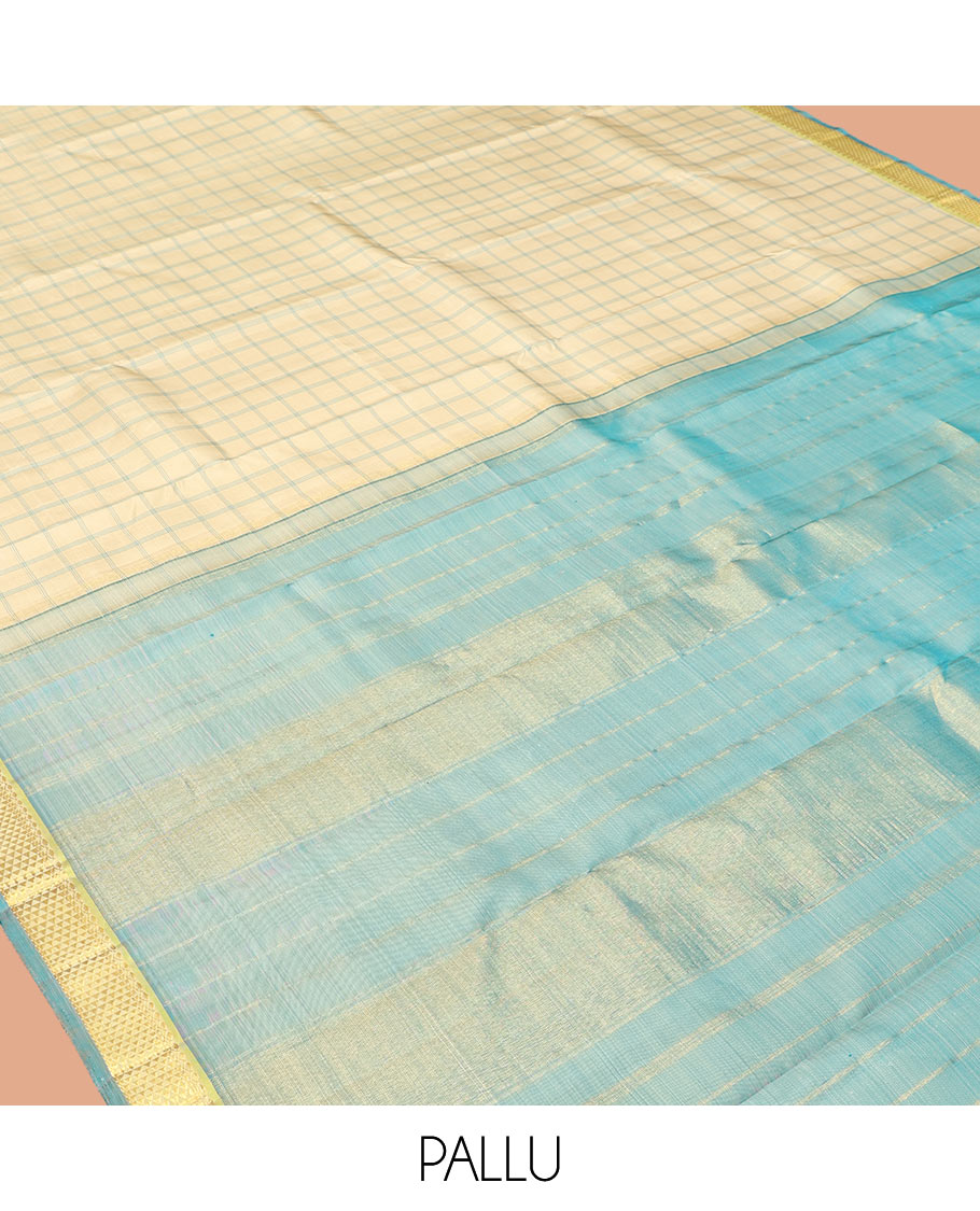 Sandal Kanchipuram Silk Saree, Styled with Checks, Complemented by Contrast Ara Maadam Border, Zari Striped Pallu, and Contrast Blouse