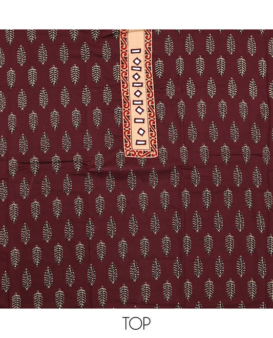 Maroon Cotton Material Chudidar Set, Decorated with Unique Motifs Block Printed on Its Cotton Top, a Plain Cotton Bottom, and Paired with an Intricately Block Printed Cotton Dupatta