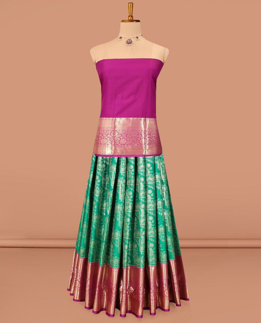 Green Art Silk Material Half Saree, Elegantly Framed with Jacquard Skirt, a Contrast Traditional Zari Border, Contrast Blouse, and an Intricate Dhavani