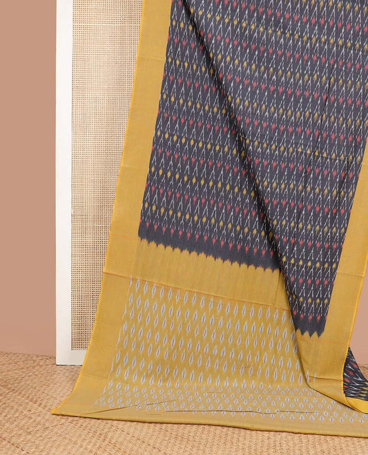 Dark Grey geometric design ikkat cotton saree with contrast border & geometric design pallu