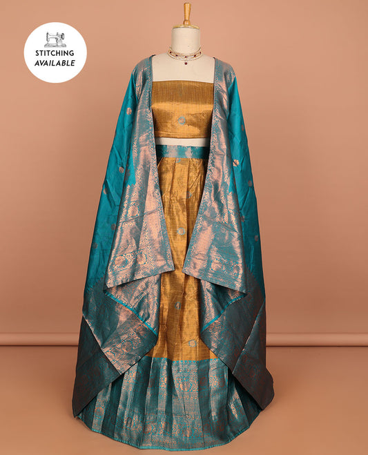 Brown buttas art silk half saree with contrast traditional zari border, argyle pattern blouse & buttas with zari border dhavani