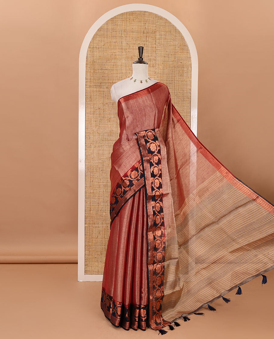 Maroon plain tissue saree, contrast floral creeper & diamond patterned zari border, striped pallu & contrast plain blouse