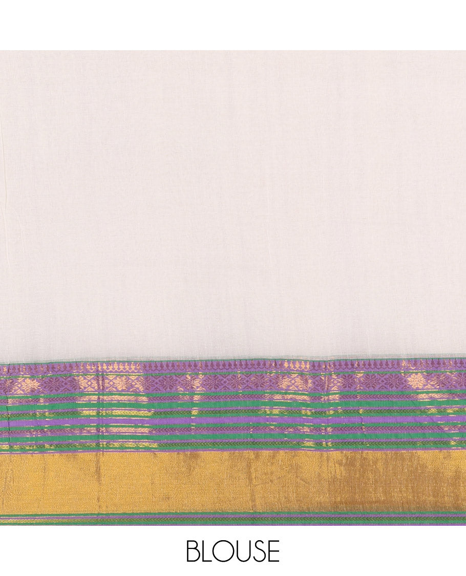 Cream Plain Khadi Mul Cotton Saree, Complemented by a Contrast Traditional Zari Kanchi Border, and a Matching Blouse