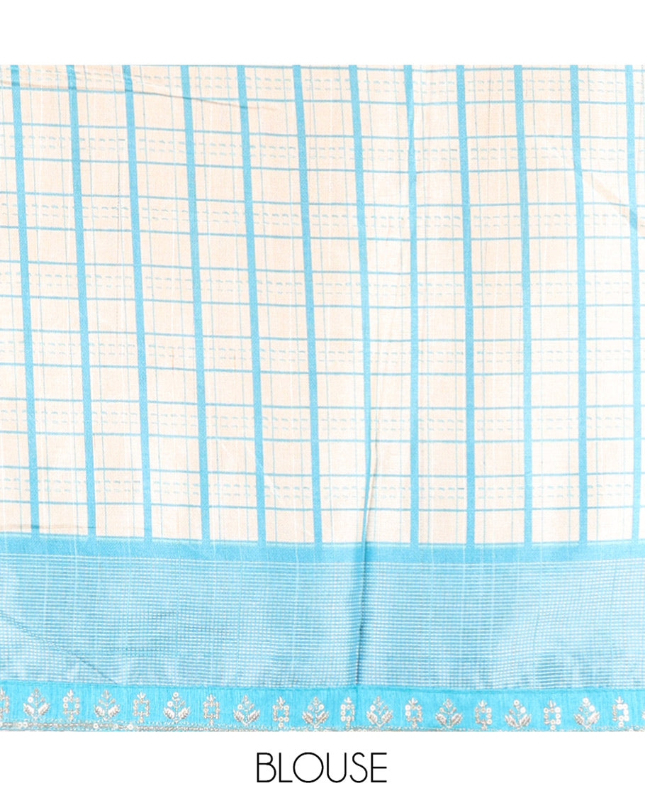 Blue Chiffon Saree Features Abstract Print, a Scallop Sequins Work Border, and Contrast Blouse