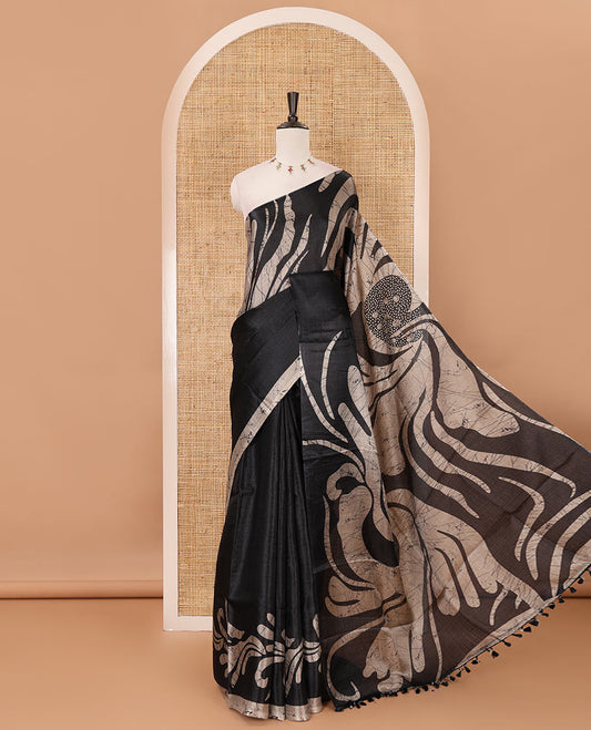Borderless black batik-style abstract vines printed khadi cotton saree, matching plain blouse