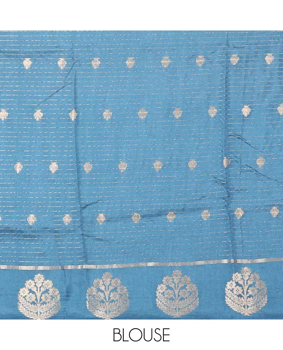 Red striped, floral mushru silk saree with self-floral motifs border & striped zari pallu