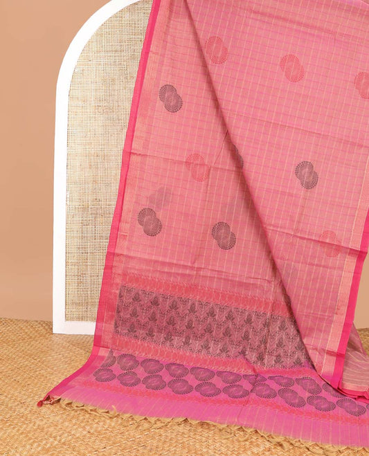 Pink checked, floral design coimbatore cotton saree with contrast zari border & floral design pallu