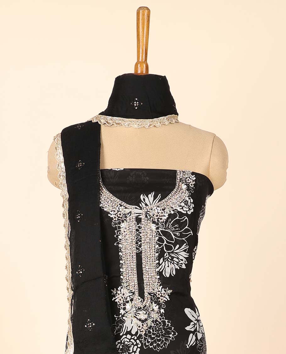 Black material chudidhar set, floral print & embroidered top, plain bottom & embroidered dupatta
