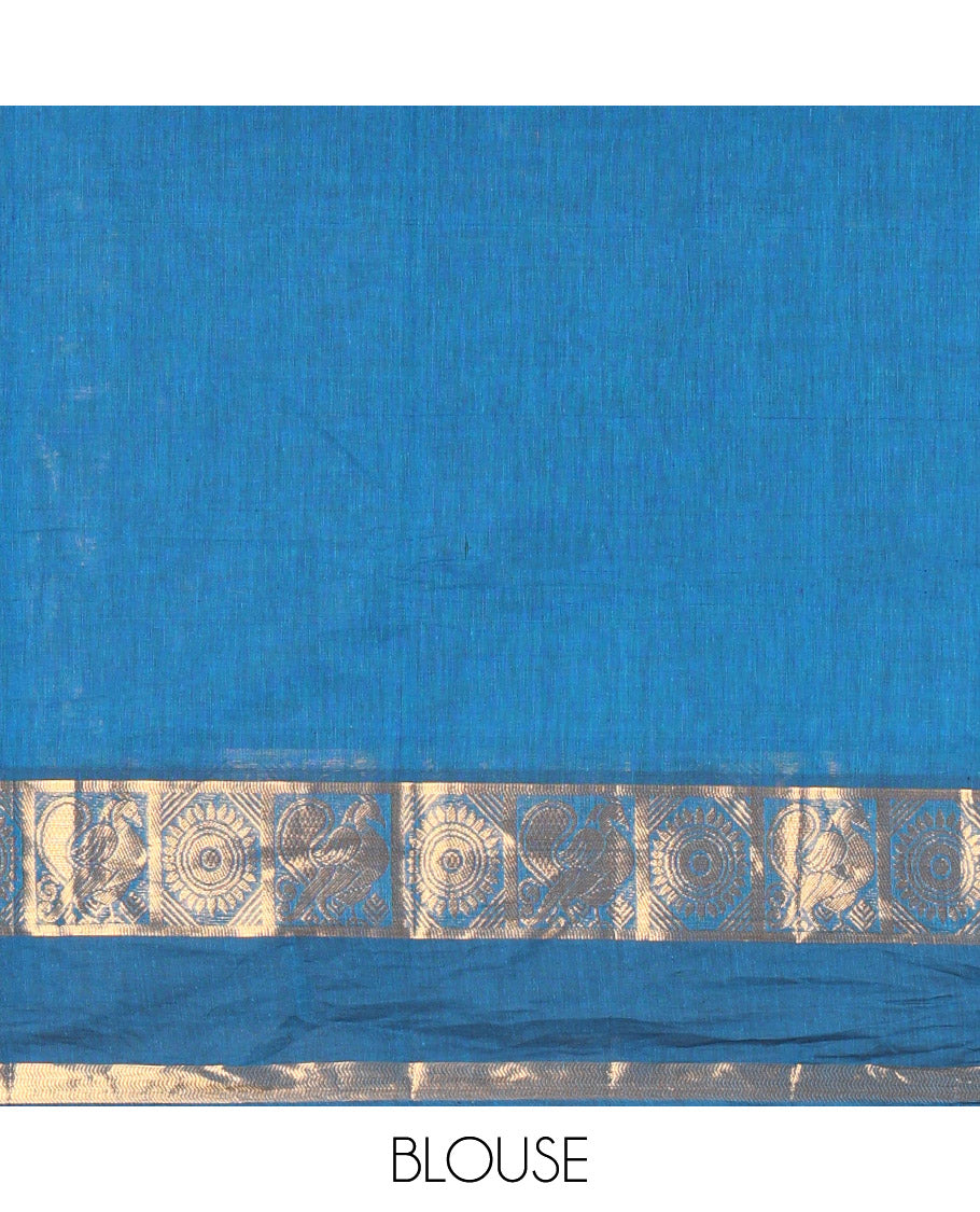 Deep Blue Chettinad Cotton Saree, Adorned with Checked Design on Its Body, Highlighted by Traditional Rettai Pettu Border of Peacock and Chakram Designs, Striped Pallu, and Paired with a Matching Blouse
