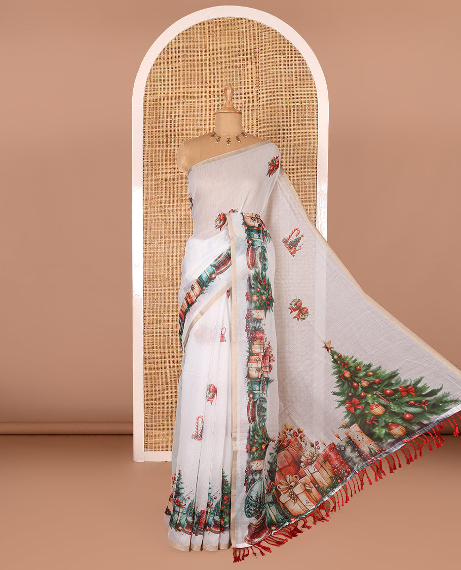 White Christmas-theme motifs digital printed Chanderi cotton saree, piping zari border, pallu of Christmas tree and gift motifs print, and Christmas-theme printed blouse