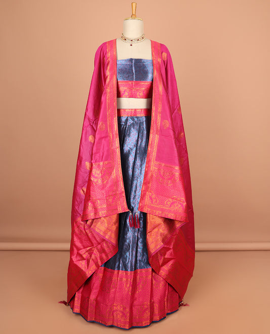 Dusky blue floral design half saree with contrast zari design border, zari design blouse & floral zari design dhavani
