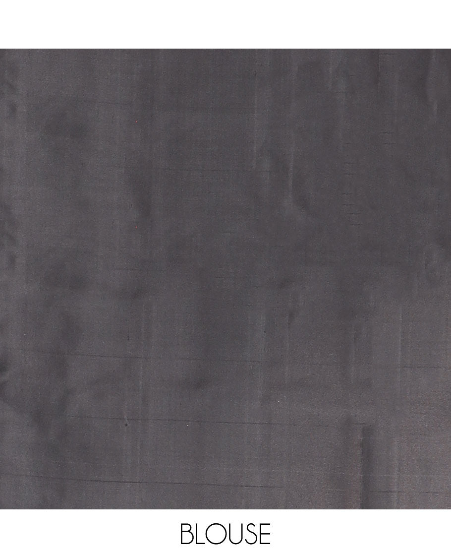 Grey checked Mayur soft silk saree with contrast leaf motifs border & argyle pattern pallu