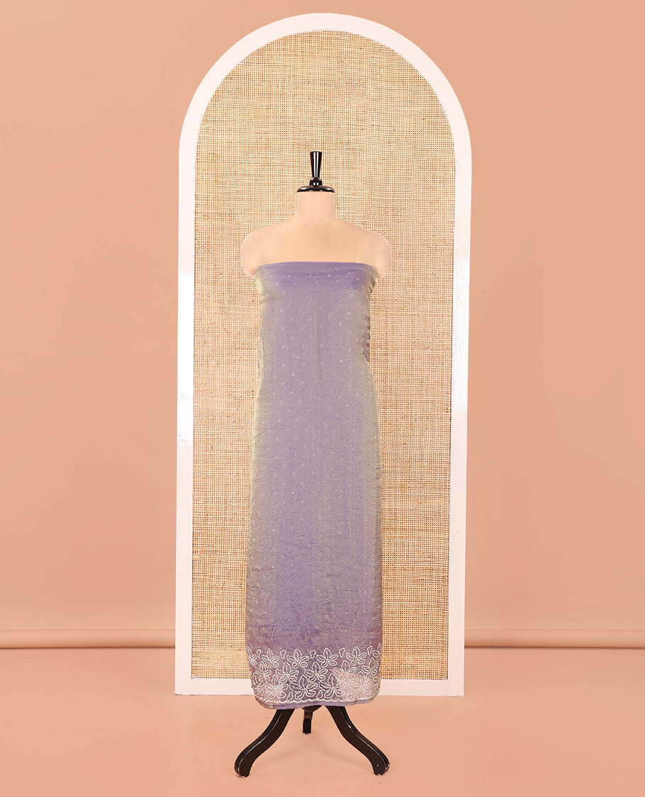 Lavender Moss Organza Material Churidar Set, Spotlighted with Floral Embroidery and Stone Struck on Its Top, a Plain Santoon Bottom, and Paired with a Moss Organza Stone Work Scallop Dupatta