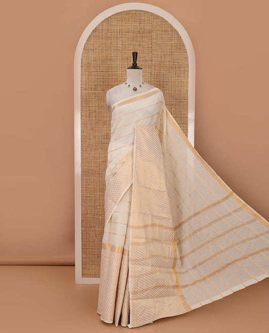 Cream zari striped sungudi cotton saree,1000 buttas temple border of butta enclosed checks, striped pallu & gopuram zari woven red border