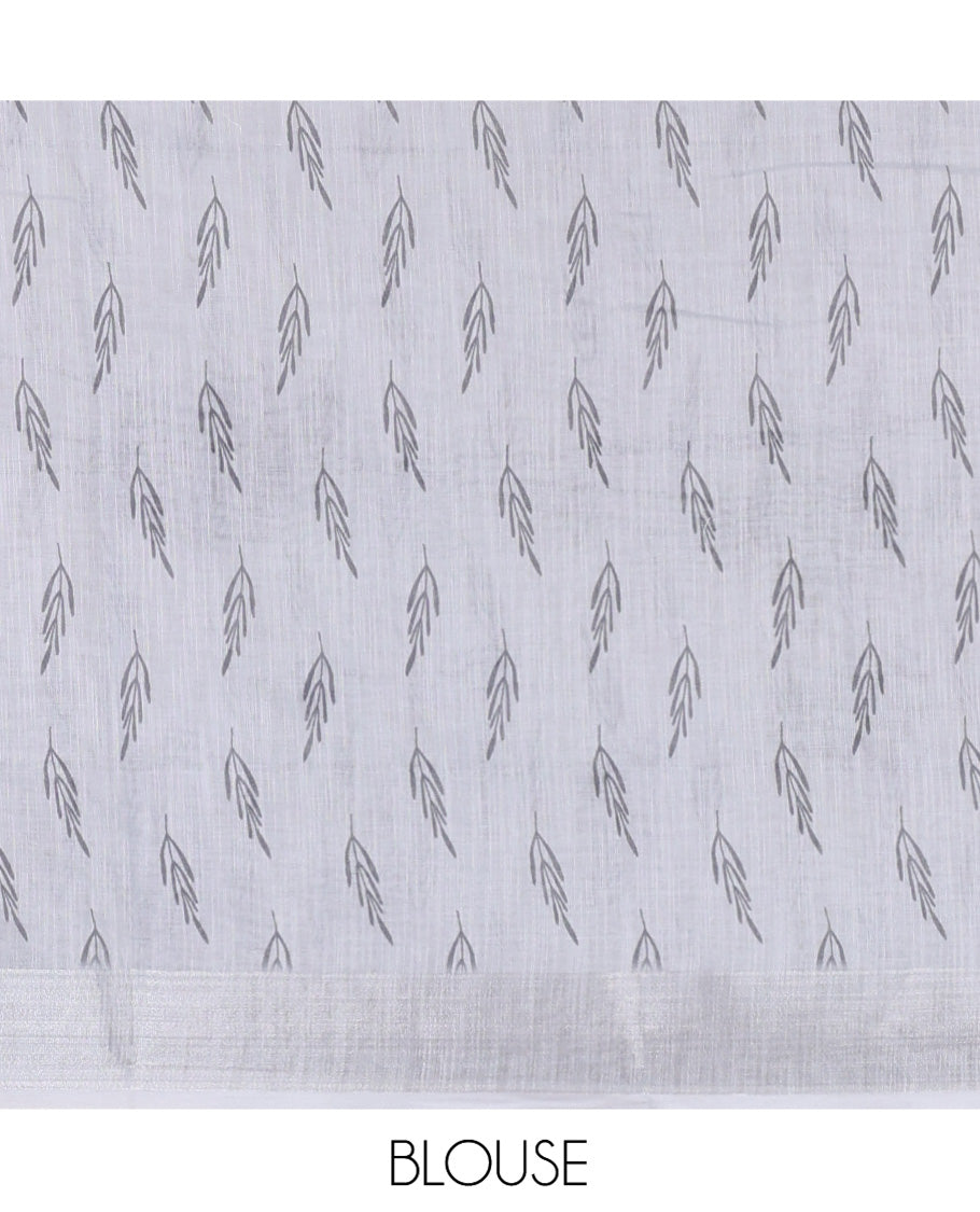 Grey Linen Cotton Saree, Beautified with Tropical Floral Print on Its Body, Complemented by a Contrast Plain Border, Floral Printed Pallu, and Paired with a Contrast Blouse