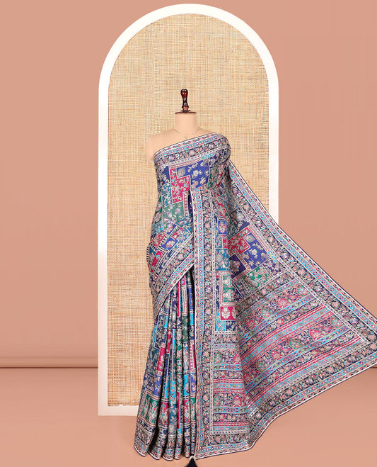 Blue Dola Silk Saree, Elegantly Highlighted with Floral and Paisley Design on Its Body, Highlighted by Intricate Floral Border, Pallu of Floral and Paisley Design, and Paired with a Matching Blouse