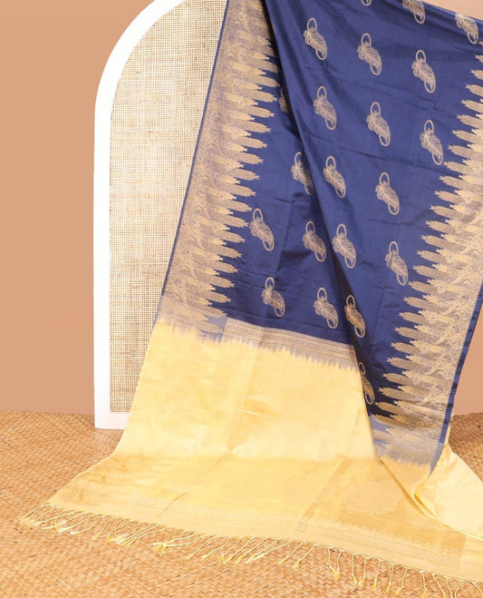 Blue feather design soft silk saree with self floral design border & intricate zari design pallu