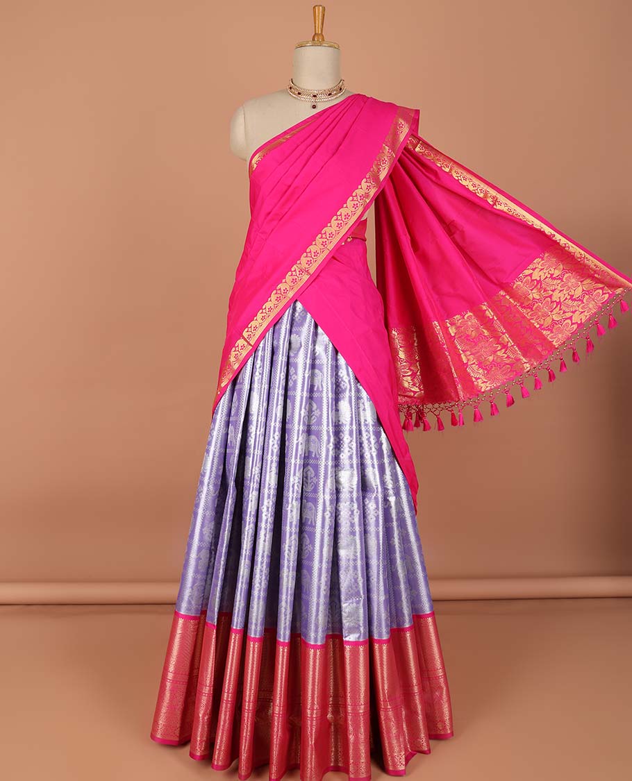Lavender checked with floral design art-silk half saree, contrast traditional zari border,zari design blouse & floral dhavani