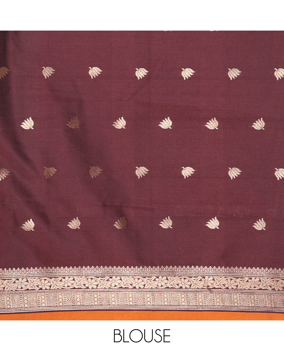 Rust orange zari buttas kanchi soft-silk saree, contrast traditional zari design rettai pettu border of floral creeper designs, intricate pallu, and a contrast zari design blouse