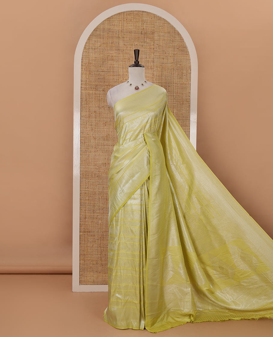 Apple green mayil & yaali zari jacquard softy saree, traditional zari border, intricate pallu & matching zari design blouse