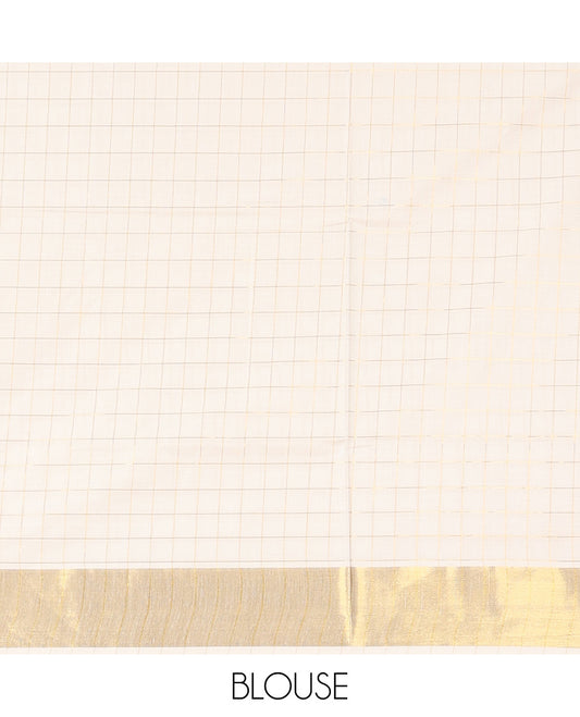 Cream Kerala Saree, Subtly Sparkled with Checks on Its Body, Gleaming Zari Pallu, and Paired with a Matching Blouse