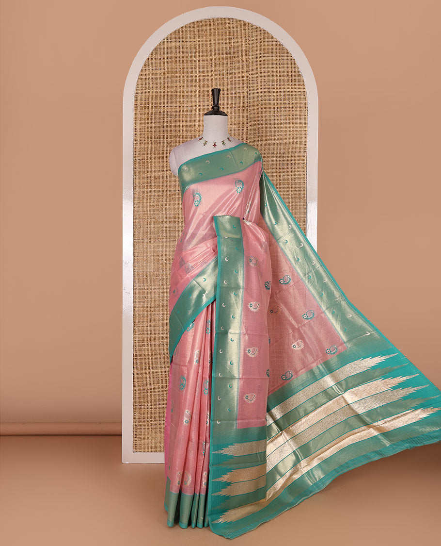 Pink antique buttas tissue silk saree, contrast satin zari border of half-moon motifs, pallu of temple design pallu, and contrast butta blouse