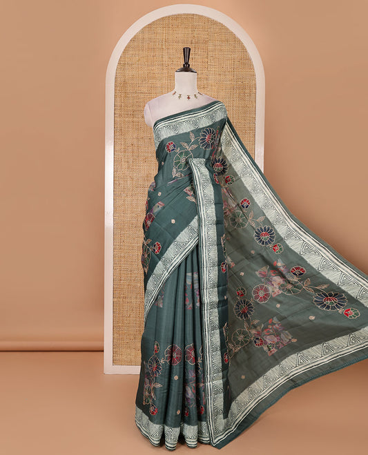 Rose green floral print & multi-color floral thread embroidered fancy tussar silk saree, triangle motif print & embroidered border & matching blouse of print & embroidery