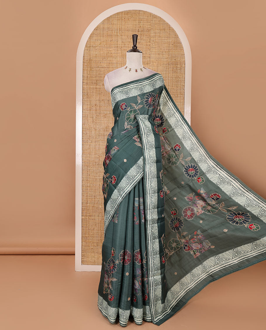 Rose green floral print & multi-color floral thread embroidered fancy tussar silk saree, triangle motif print & embroidered border & matching blouse of print & embroidery