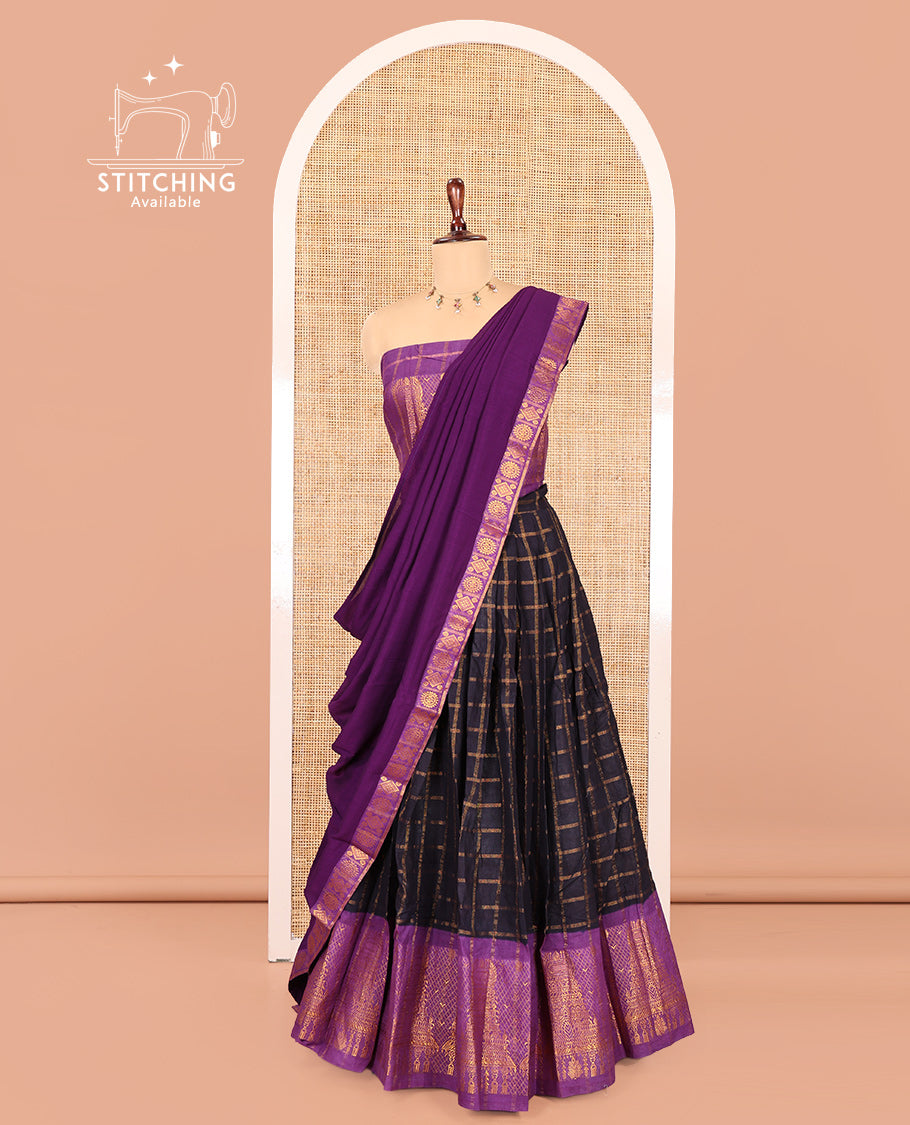 Navy Blue-Purple Sungudi Cotton Half-Saree Features Checked Skirt, Contrast Gopuram Border, Contrast Blouse, and Zari-Bordered Syska Georgette Dhavani
