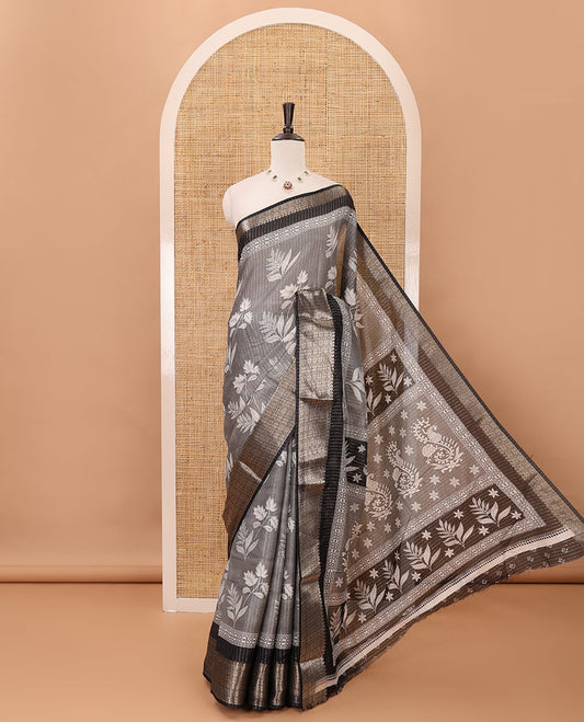 Grey zari striped & floral printed dola silk saree,contrast zari design border,floral-paisley print pallu, printed-zari-work blouse