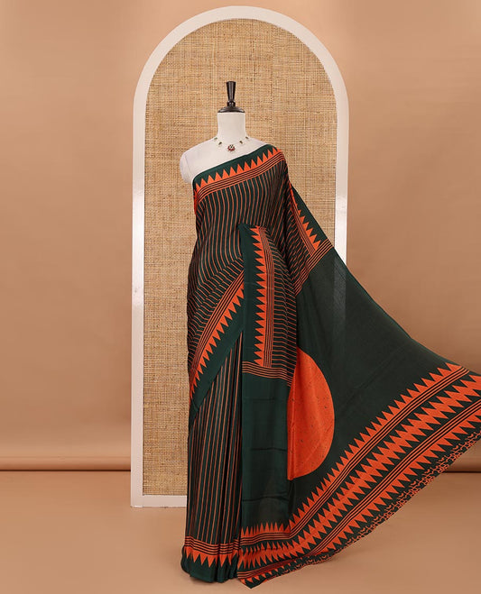 Green vertical stripes printed Turkey crepe saree, temple printed border, geometric printed pallu & Ajrakh-printed blouse
