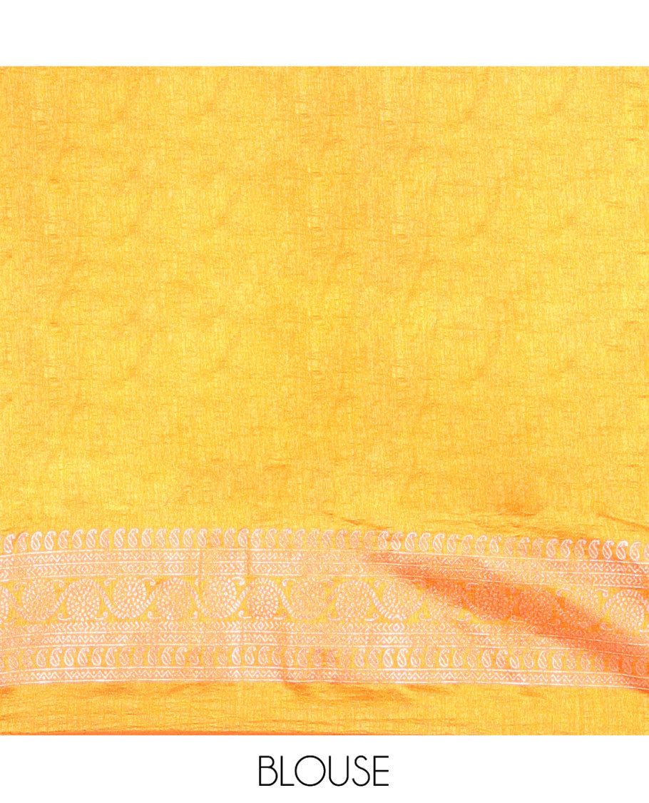 Yellow Plain Vichitra Silk Saree, Subtle Traditional Motifs Woven Border, Plain Pallu, and Paired with a Matching Blouse
