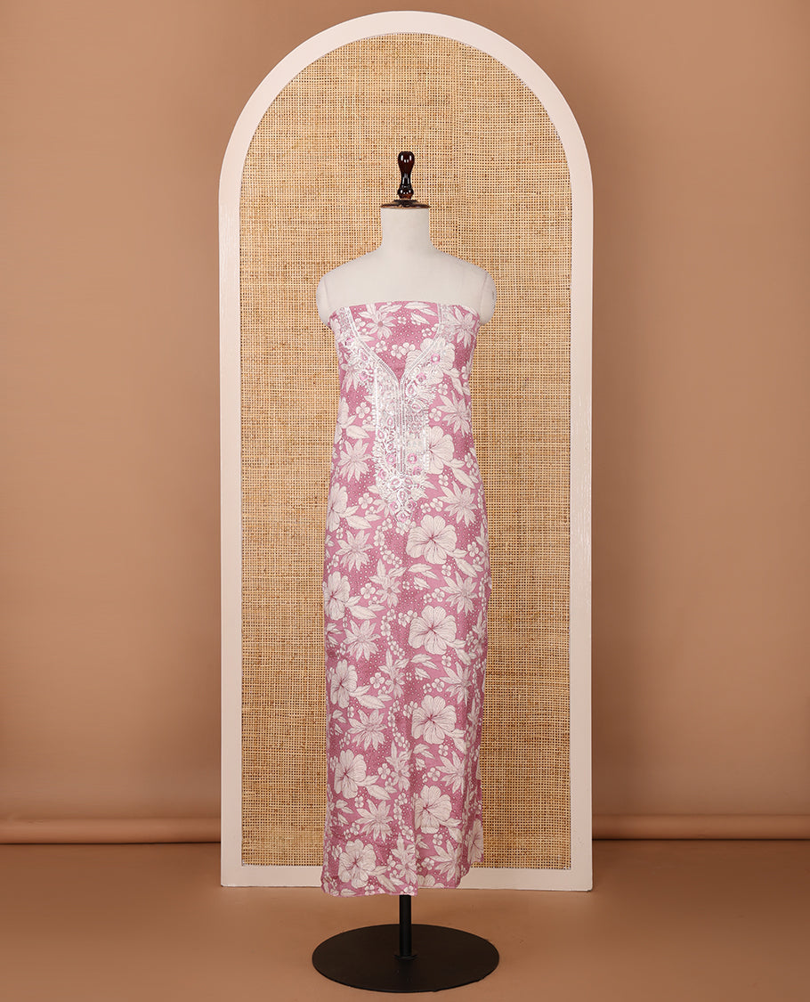 Pink cotton chudidar material set,floral print & neck sequin embroidery top,stripes printed bottom & floral printed dupatta