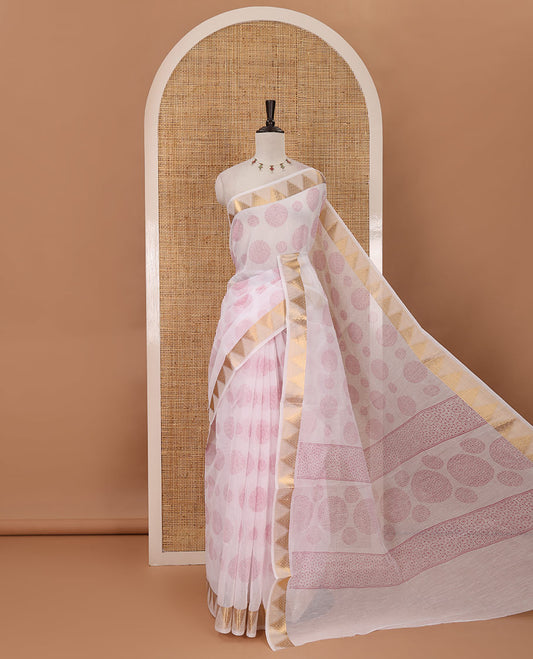White-pink circular motifs printed mercerised cotton saree, temple zari border, circular motifs printed pallu & matching zari border blouse