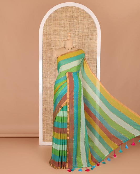 Rani rainbow-style striped Khadi mul cotton saree with piping zari border, and a matching zari striped blouse