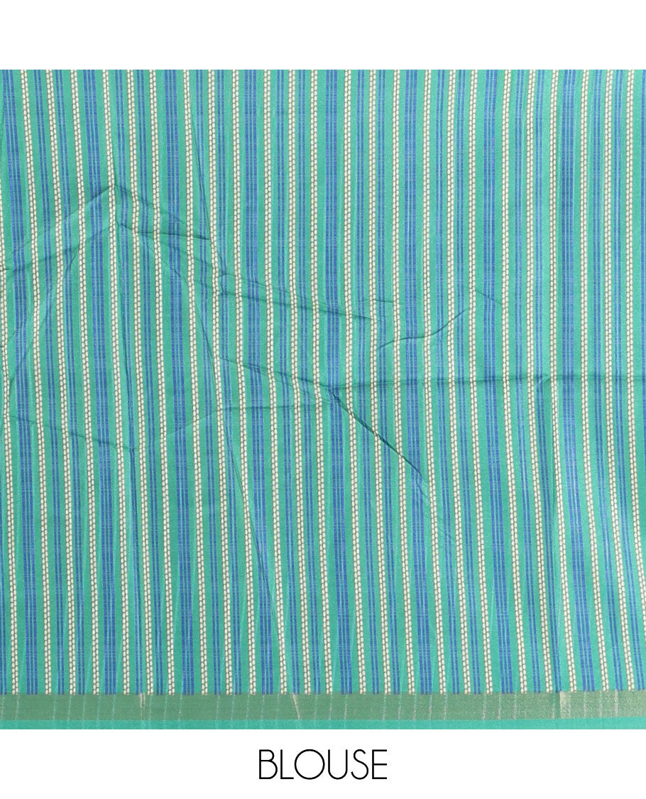 Blue small butta design kathan silk saree with contrast temple border & striped, temple design pallu along with striped blouse