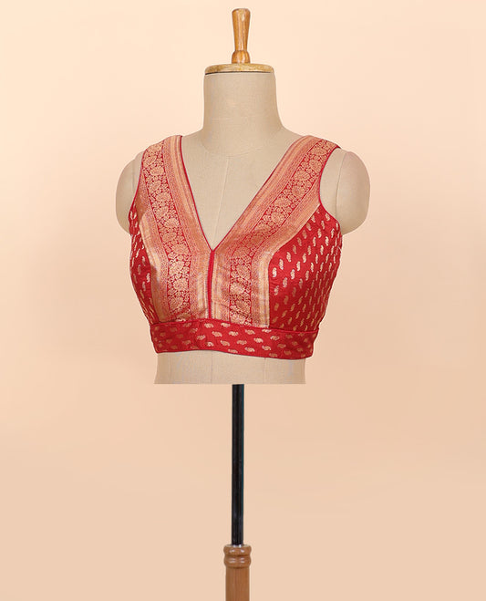Maroon floral zari design front & back deep v-neck raw-silk readymade sleeveless blouse