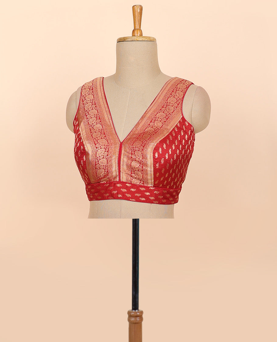 Maroon floral zari design front & back deep v-neck raw-silk readymade sleeveless blouse