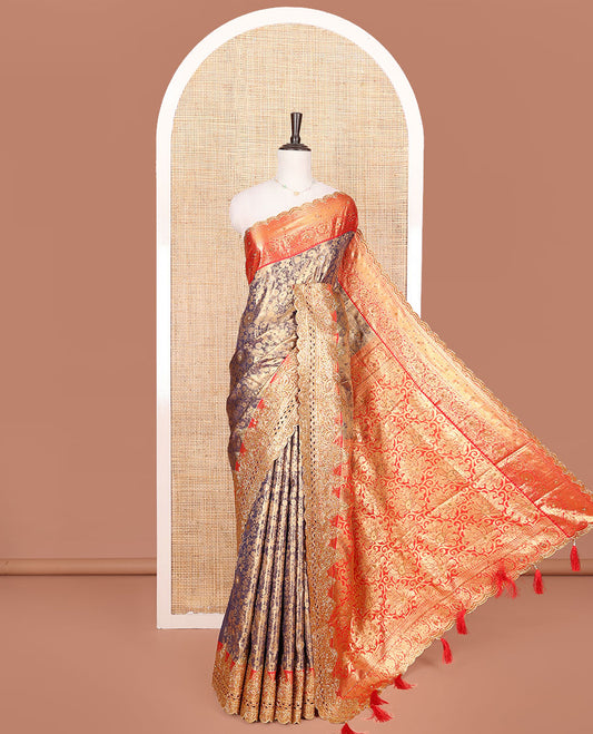 Grey Vastrakala Silk Saree, Enriched with Floral Jacquard and Stone Work, Complemented by Contrast Traditional Zari and Cut Embroidered Scallop Border, Grand Floral Jaal Zari-Stone Work Pallu, and Paired with Contrast Heavy Embroidered Blouse