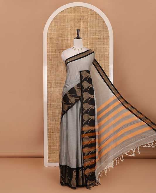 Grey full-plain Mercerised cotton saree, contrast resham  thread dancing Bharatanatyam girl motifs woven border, striped pallu & plain blouse
