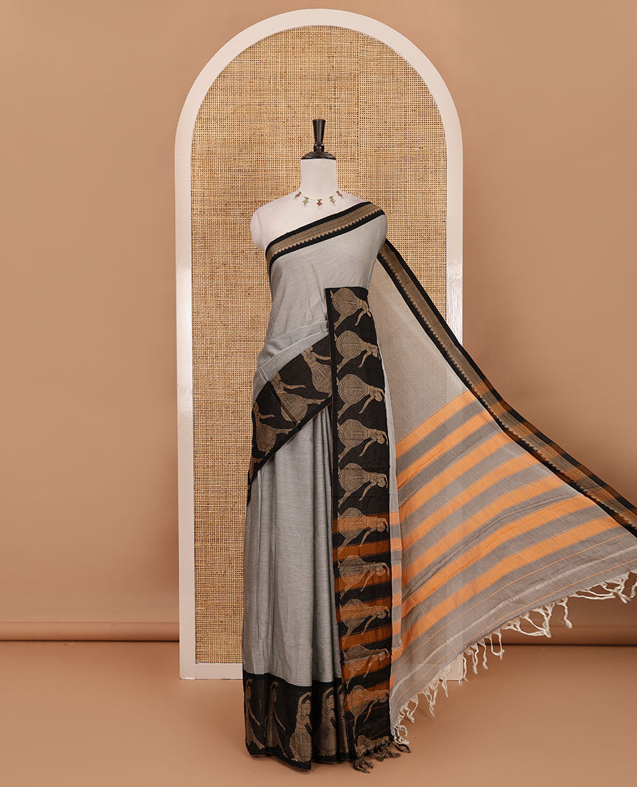 Grey full-plain Mercerised cotton saree, contrast resham  thread dancing Bharatanatyam girl motifs woven border, striped pallu & plain blouse