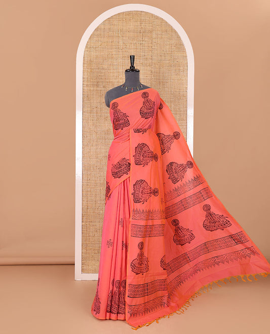 Borderless pink kolam and kathakali motifs printed South cotton saree with a matching blouse, and a contrast printed blouse