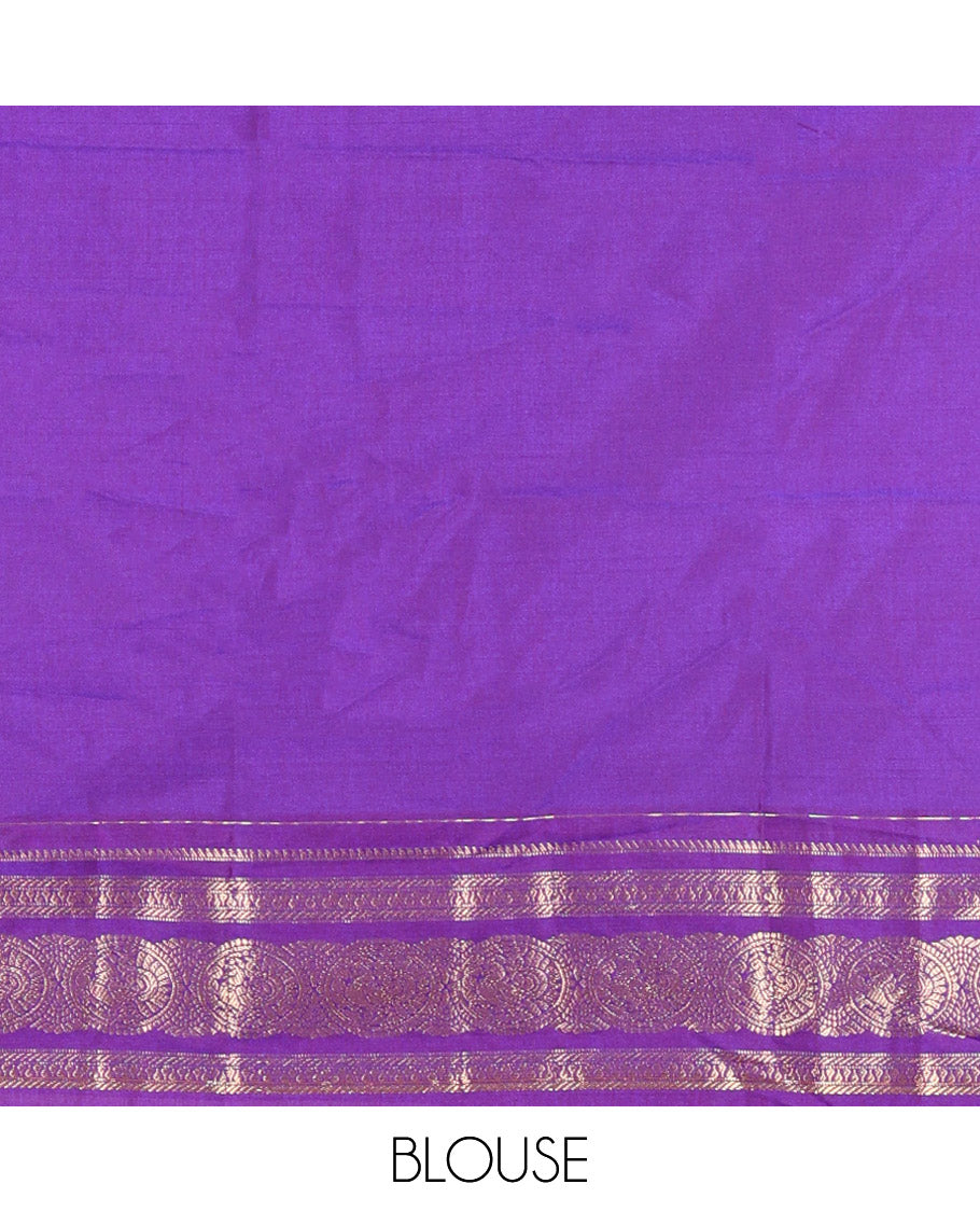 Maroon Kanchipuram Budget Silk Saree, Ornamented with Plus-Sized Butta Enclosed Checks All Over Its Body, Complemented by a Contrast Traditional Zari Border of Round Peacock Designs, Pallu Steeped with Circle Motifs, and Paired with a Contrast Blouse