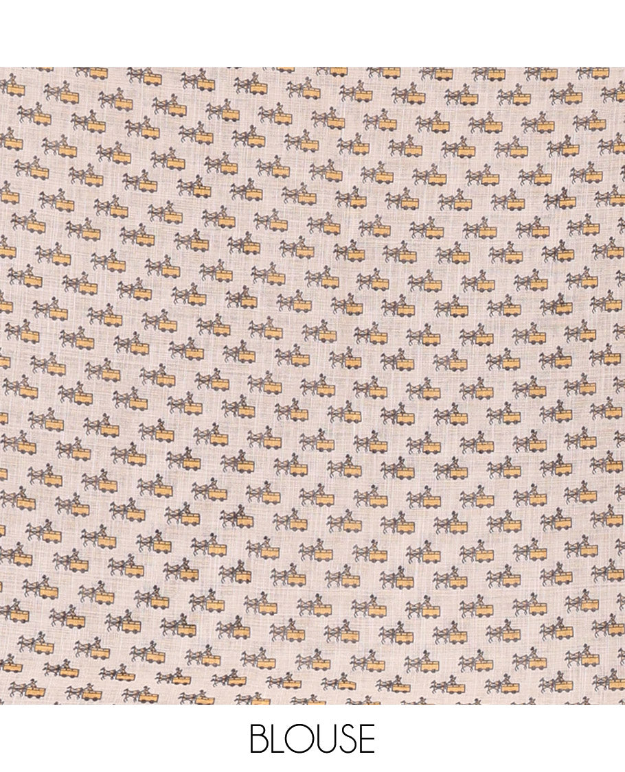 Cream Linen Cotton Saree, Artfully Printed with Warli Motifs and Mirrorwork, Self-Border, Warli Pallu, Matching Blouse