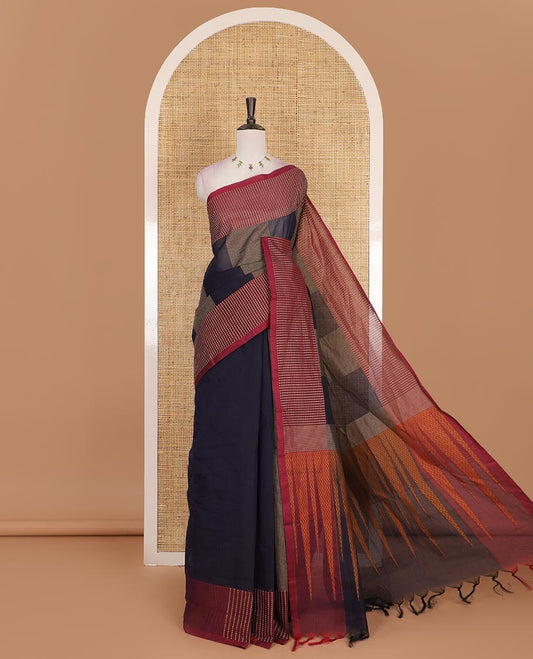 Navy blue thread woven veldhari striped Handloom cotton saree, contrast polka dots thread border, temple pallu, and matching plain blouse