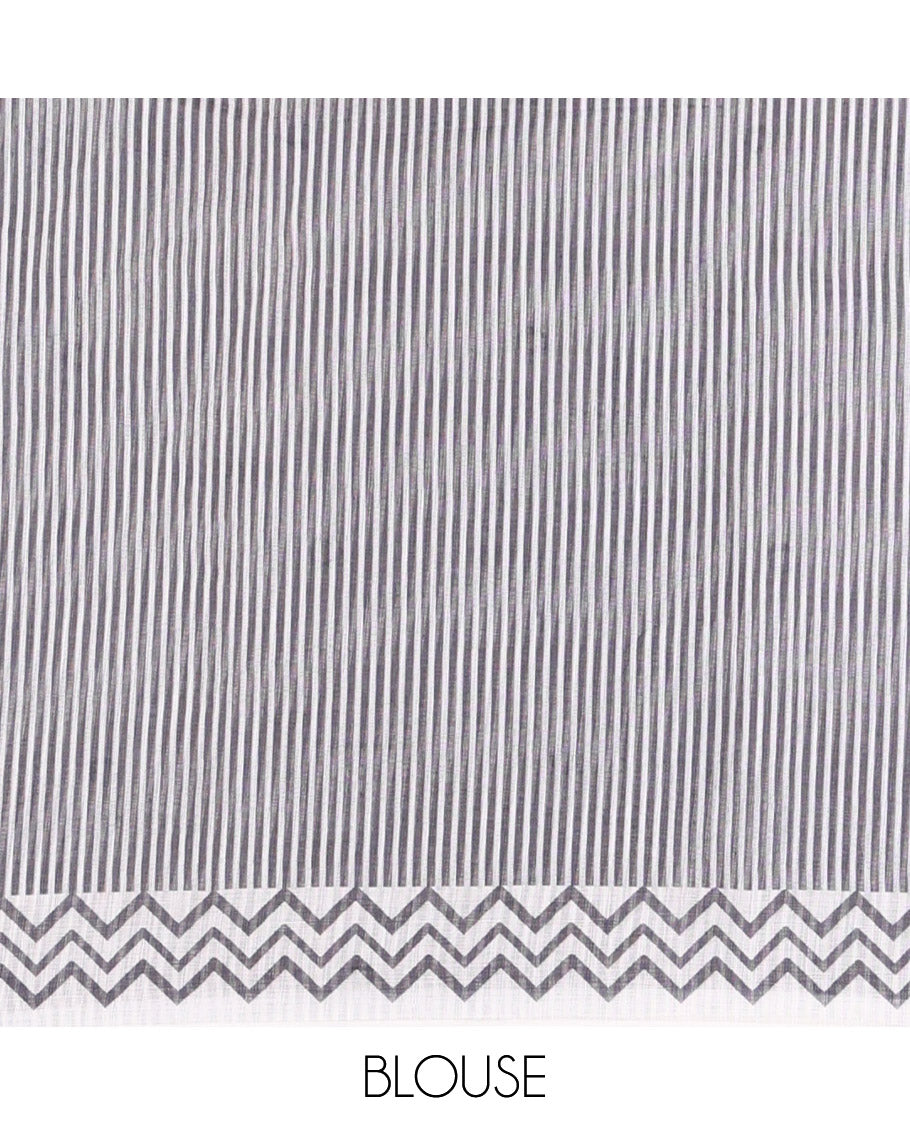 Borderless White Linen Cotton Saree, Adorned with Polka Dot Print, Contrast Geometric Printed Pallu, and Paired with a Contrast Blouse