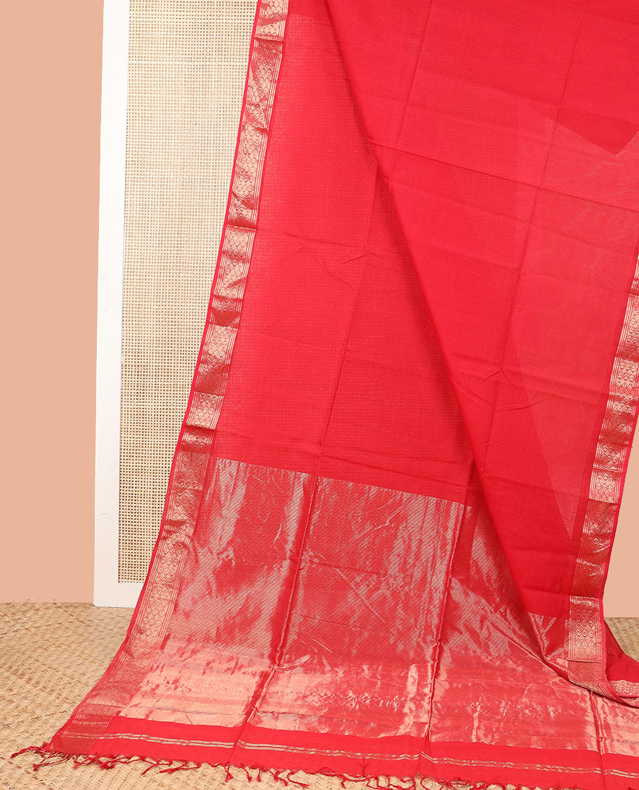 Red checked maheshwari cotton saree with self intricate zari design border & striped pallu