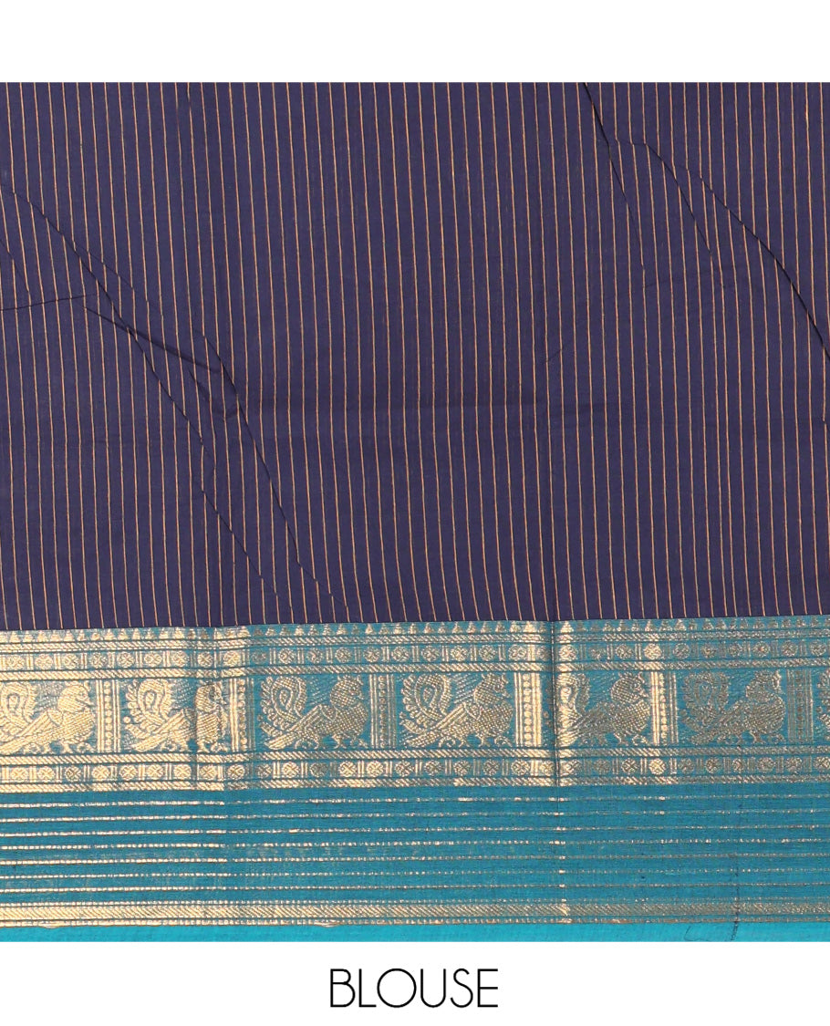 Navy Blue Striped Chettinad Cotton Saree, Complemented by a Contrast Traditional Temple Border, Striped Pallu, and a Matching Blouse