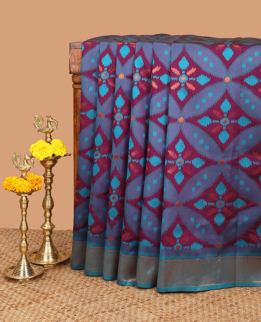 Purple with blue zari pochampalli weaving design mulberry silk saree with bawanchi, ikkat weaving border & rich pochampalli weaving pallu along with plain blouse