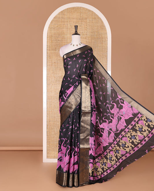 Black-purple dargon fly and cranes motifs printed dola silk saree, contrast gold zari border, Mughal floral printed pallu, and dragon fly printed blouse
